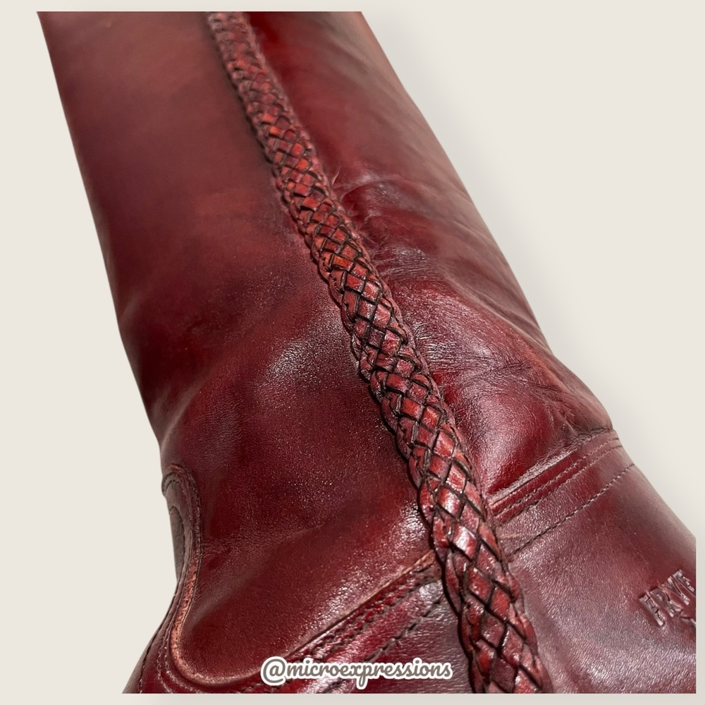 VINTAGE 1970s Frye Campus Leather Red-Brown Real Leather Braided Knee High Boot - Picture 14 of 16